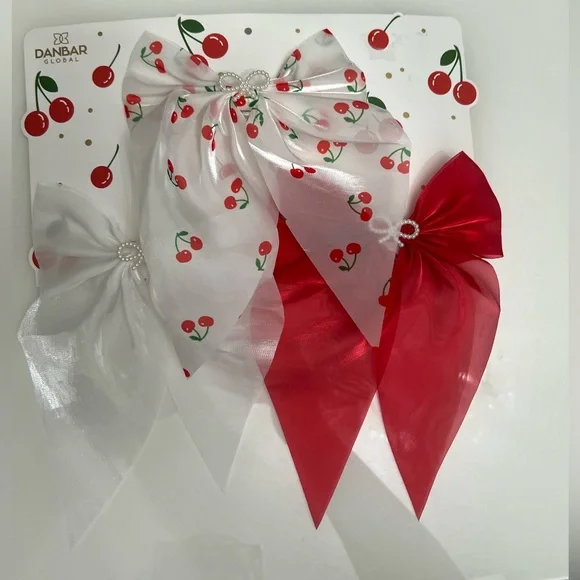 New Cherry Print Hair Bow Set - Red and White - Picture 1 of 6